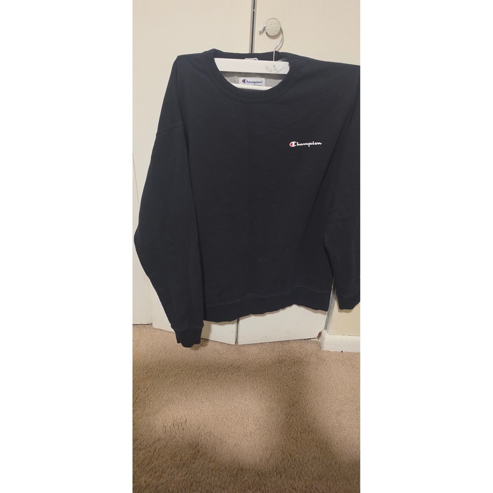 Champion Mens Crewneck Sweatshirt Black Script Logo Pullover Large RW965H